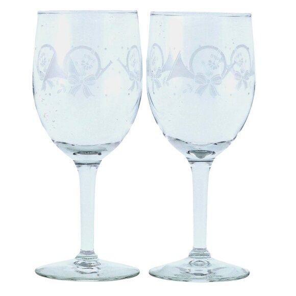 Princess House French Horn Wine Glasses Goblets 7" etched horn ribbon poinsettia - Picture 1 of 8